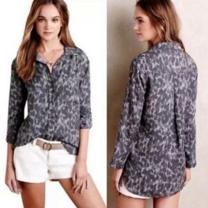 Cloth & Stone Womens Animal Print Button Front Long Sleeve Top Gray Size Small